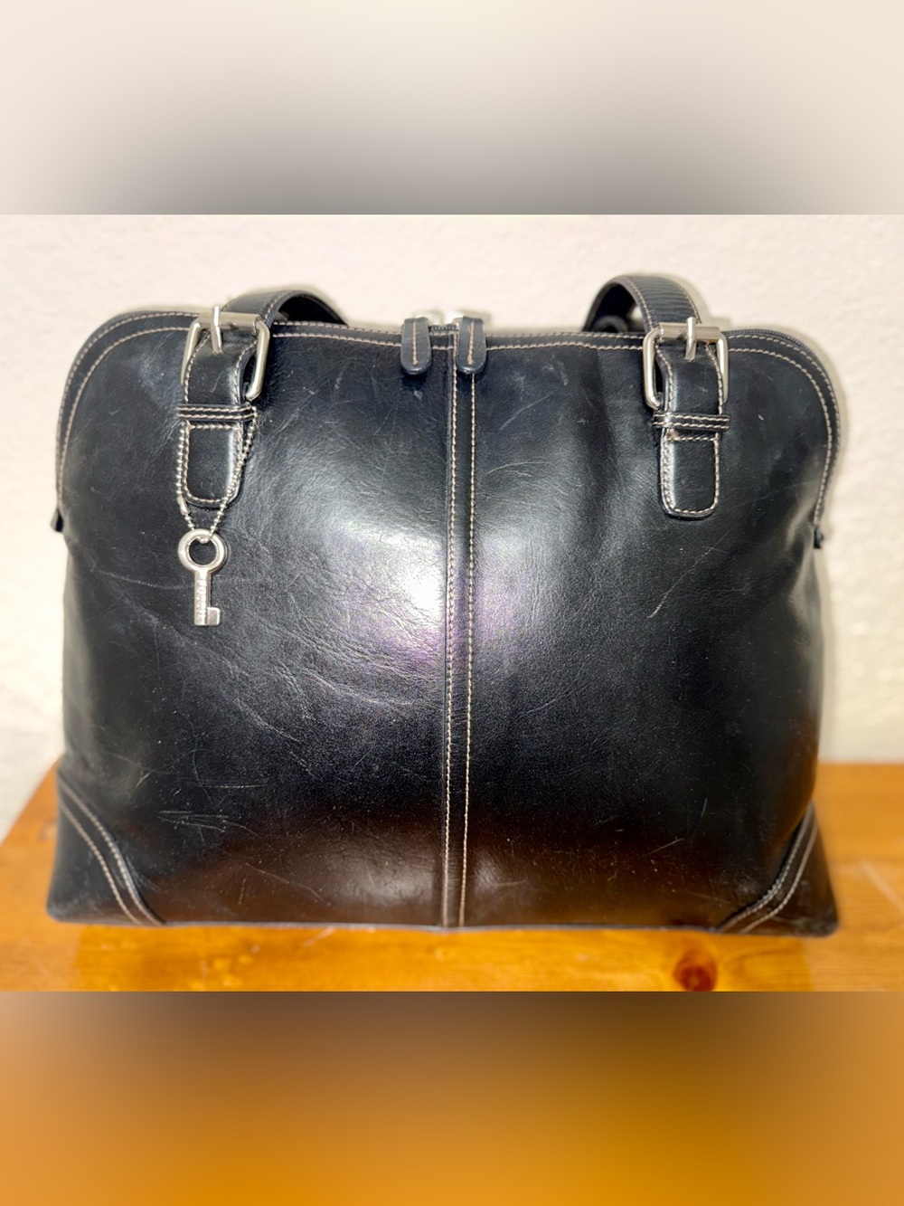 Fossil Black Leather Satchel with Key Charm